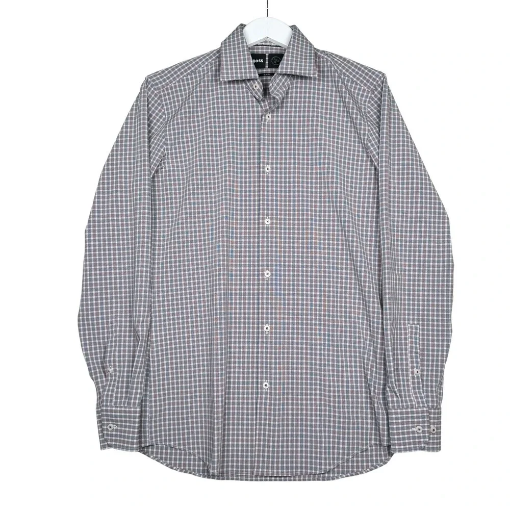 Hugo Boss Performance Slim Button Up Plaid Burgundy Blue - Small 14 1/2